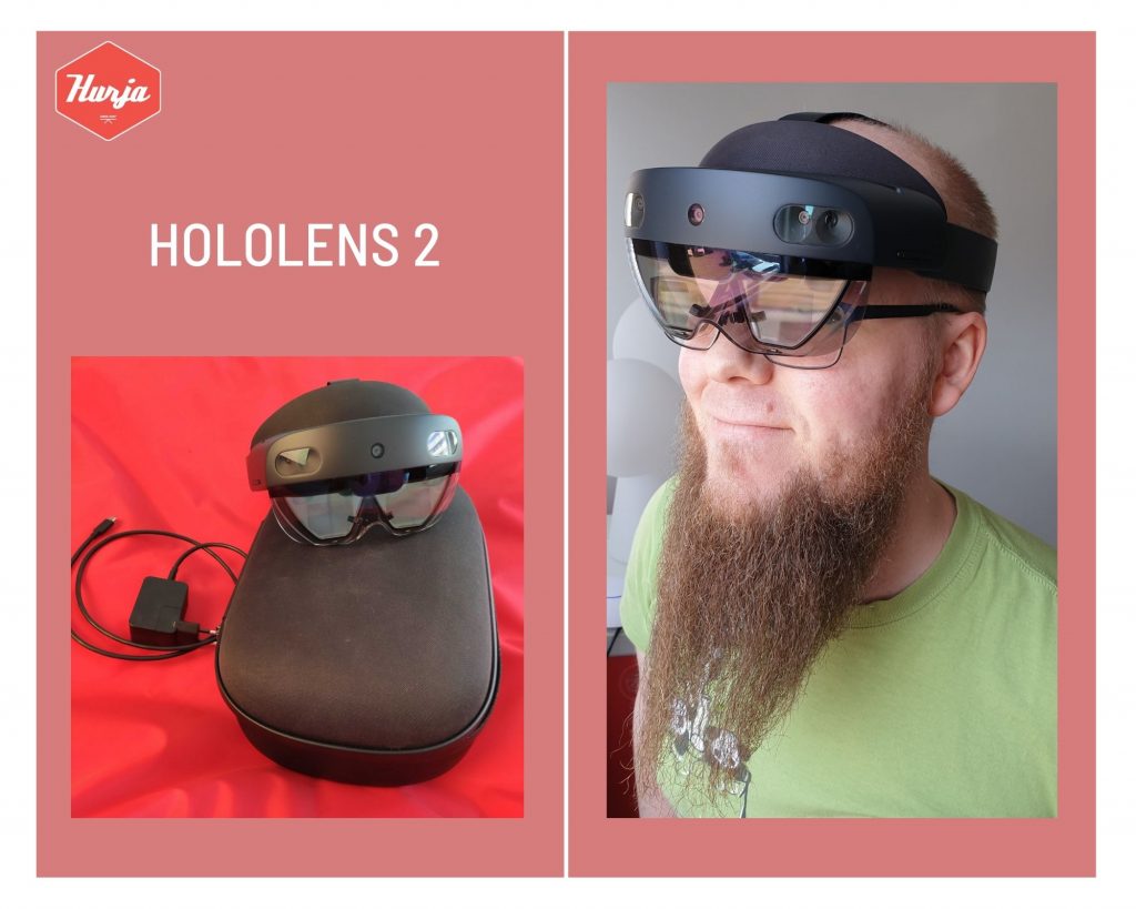 HoloLens 2 -paketissa onsuojakotelo, AR-lasit, latausjohto, puhdistusliina ja käyttöohje. Langattomat lasit käyttäjän päässä.